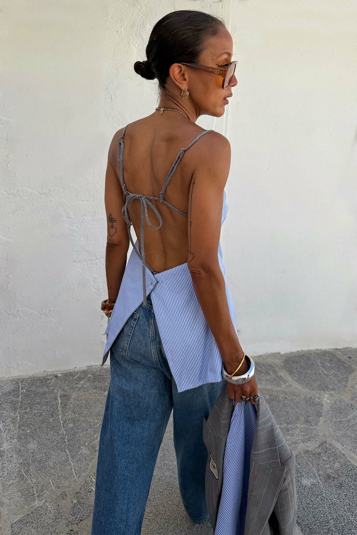 Never Fully Dressed Trending - Grey Love Pinstripe Reversible Backless Top