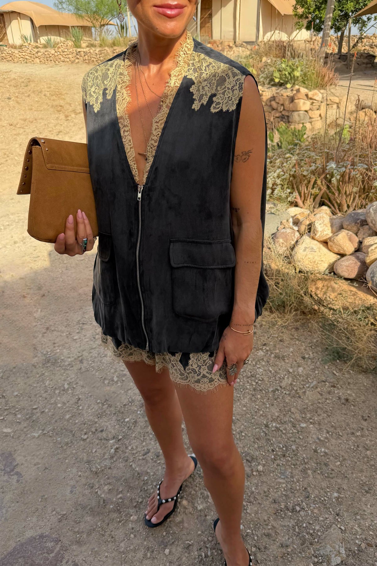 Never Fully Dressed Popular - Grey Lace Bubble Zip Vest