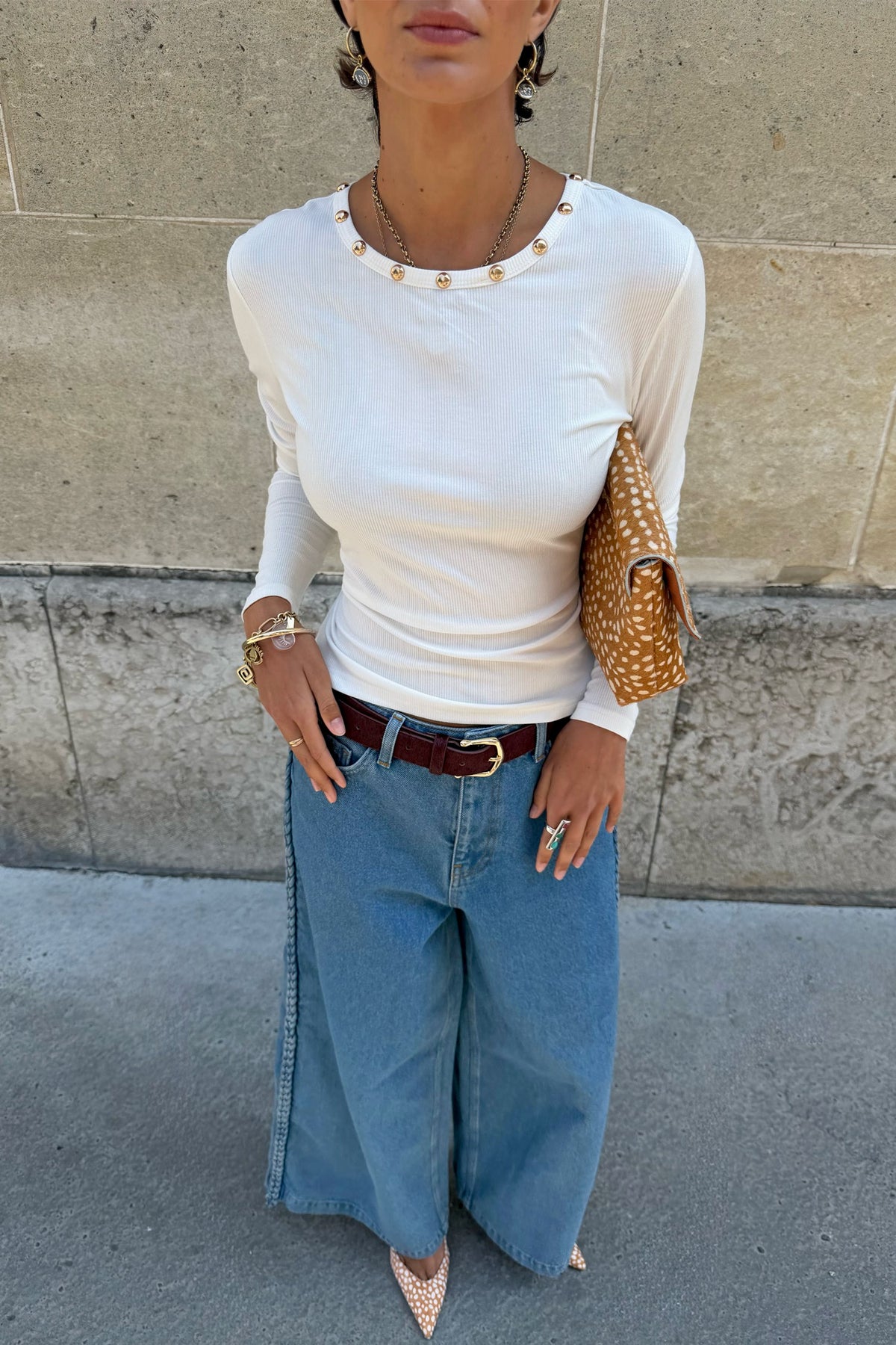 Never Fully Dressed Featured - White Stud Long Sleeve Rib Top