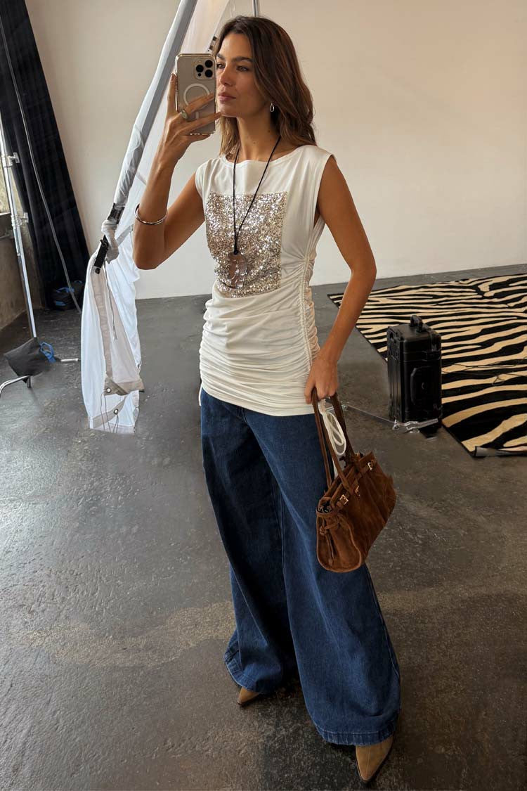Never Fully Dressed Best Price - White Sequin Ruched Dress