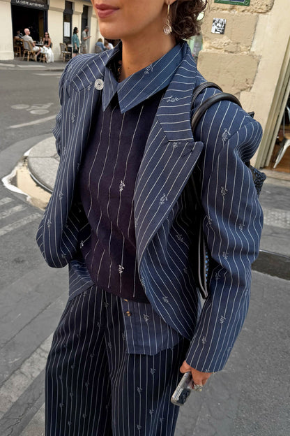 Never Fully Dressed Essential - Navy Pinstripe Fold Over Blazer