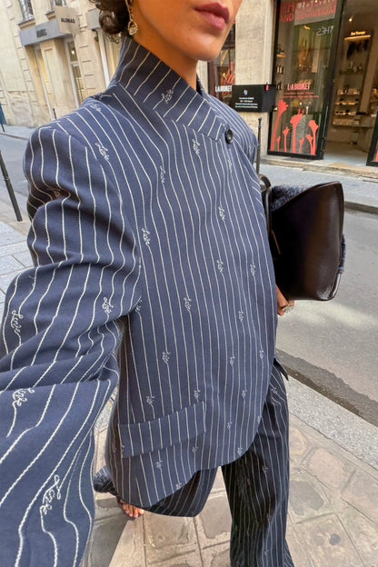 Never Fully Dressed Essential - Navy Pinstripe Fold Over Blazer