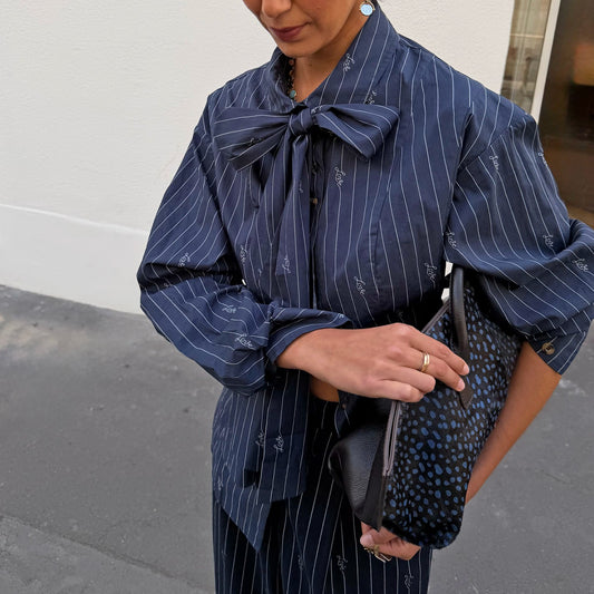 Never Fully Dressed Featured - Navy Stripe Bow Shirt