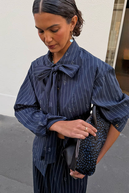 Never Fully Dressed Featured - Navy Stripe Bow Shirt