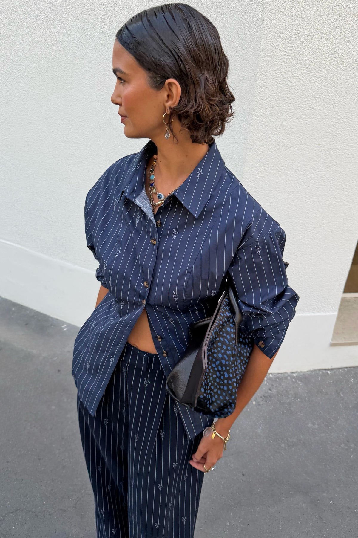 Never Fully Dressed Featured - Navy Stripe Bow Shirt