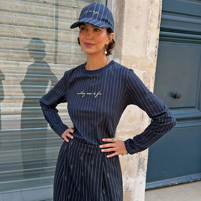 Never Fully Dressed Smart Buy - Navy Pinstripe Baby T-Shirt with Gold Embroidery