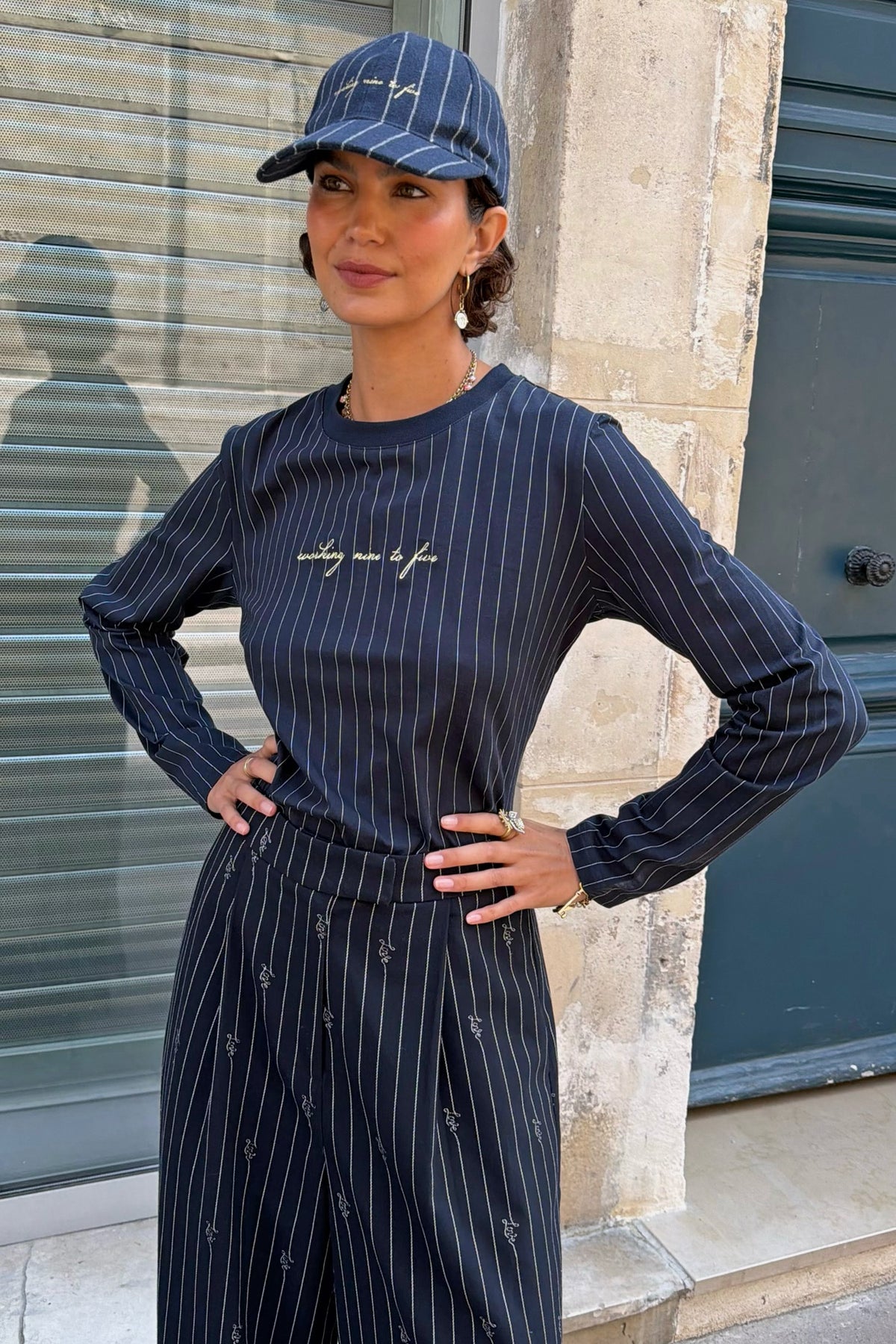 Never Fully Dressed Smart Buy - Navy Pinstripe Baby T-Shirt with Gold Embroidery