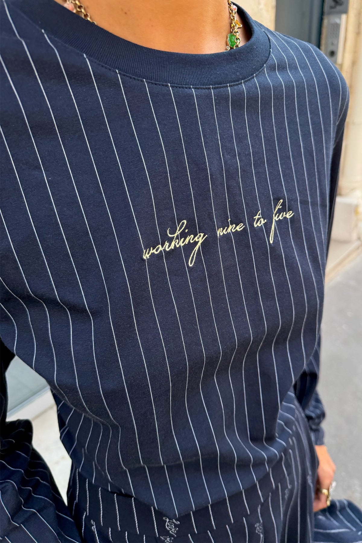 Never Fully Dressed Smart Buy - Navy Pinstripe Baby T-Shirt with Gold Embroidery
