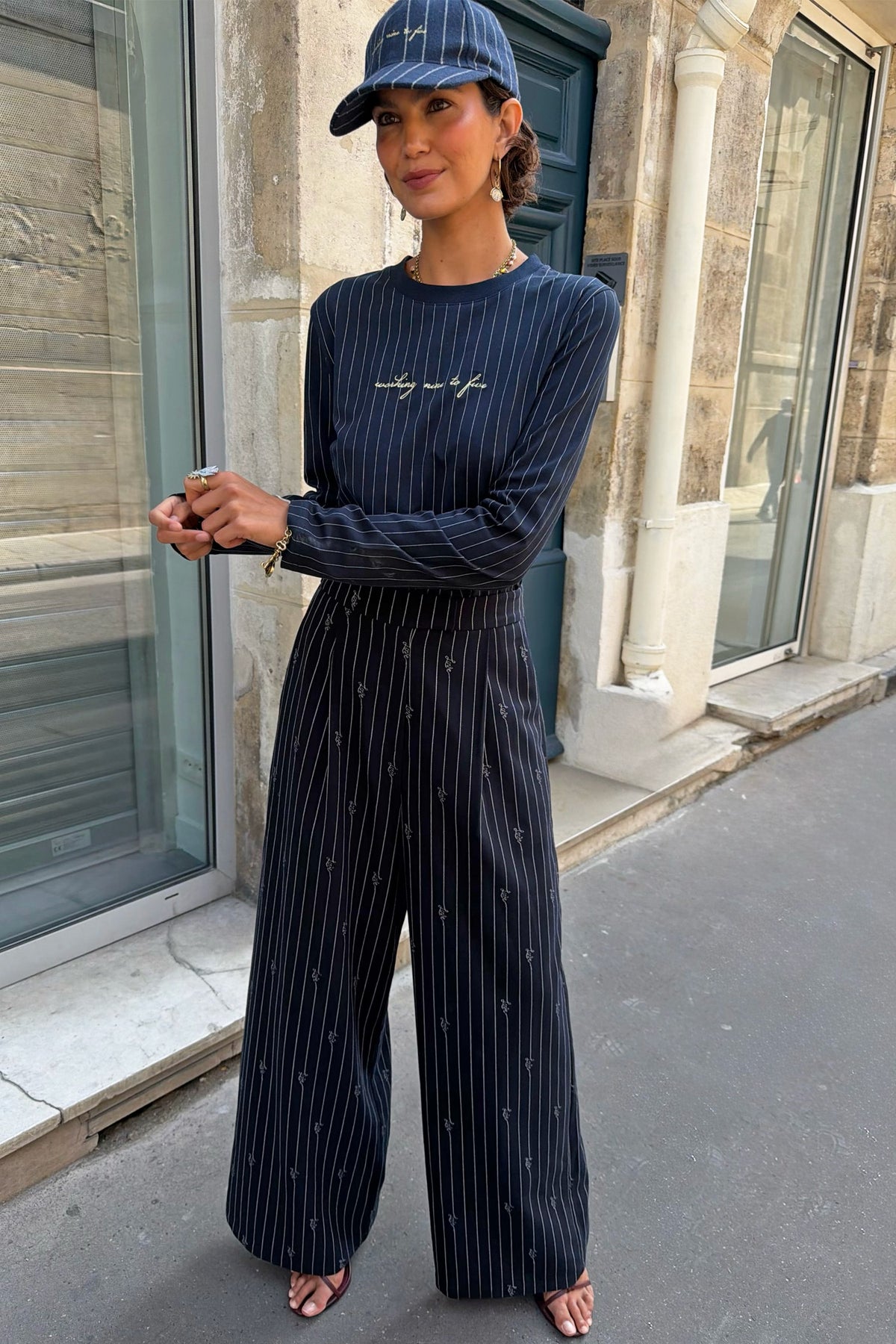 Never Fully Dressed Smart Buy - Navy Pinstripe Baby T-Shirt with Gold Embroidery