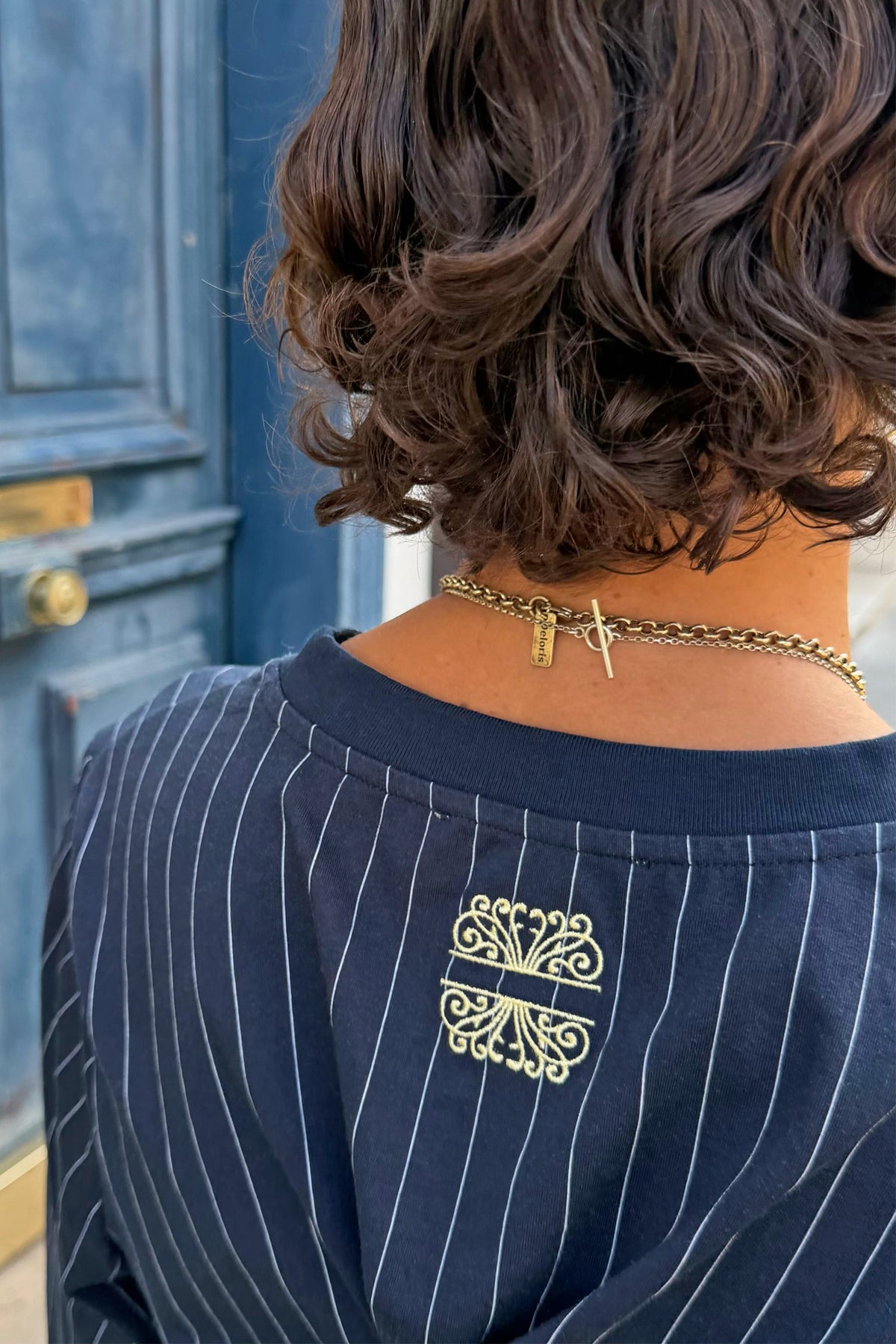 Never Fully Dressed Smart Buy - Navy Pinstripe Baby T-Shirt with Gold Embroidery