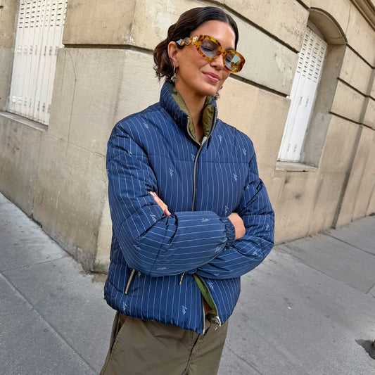 Never Fully Dressed Signature - Navy Pinstripe Reversible Funnel Neck Puffer