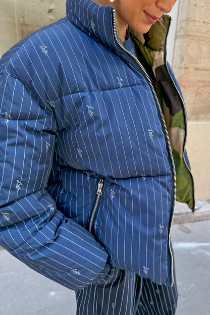 Never Fully Dressed Signature - Navy Pinstripe Reversible Funnel Neck Puffer