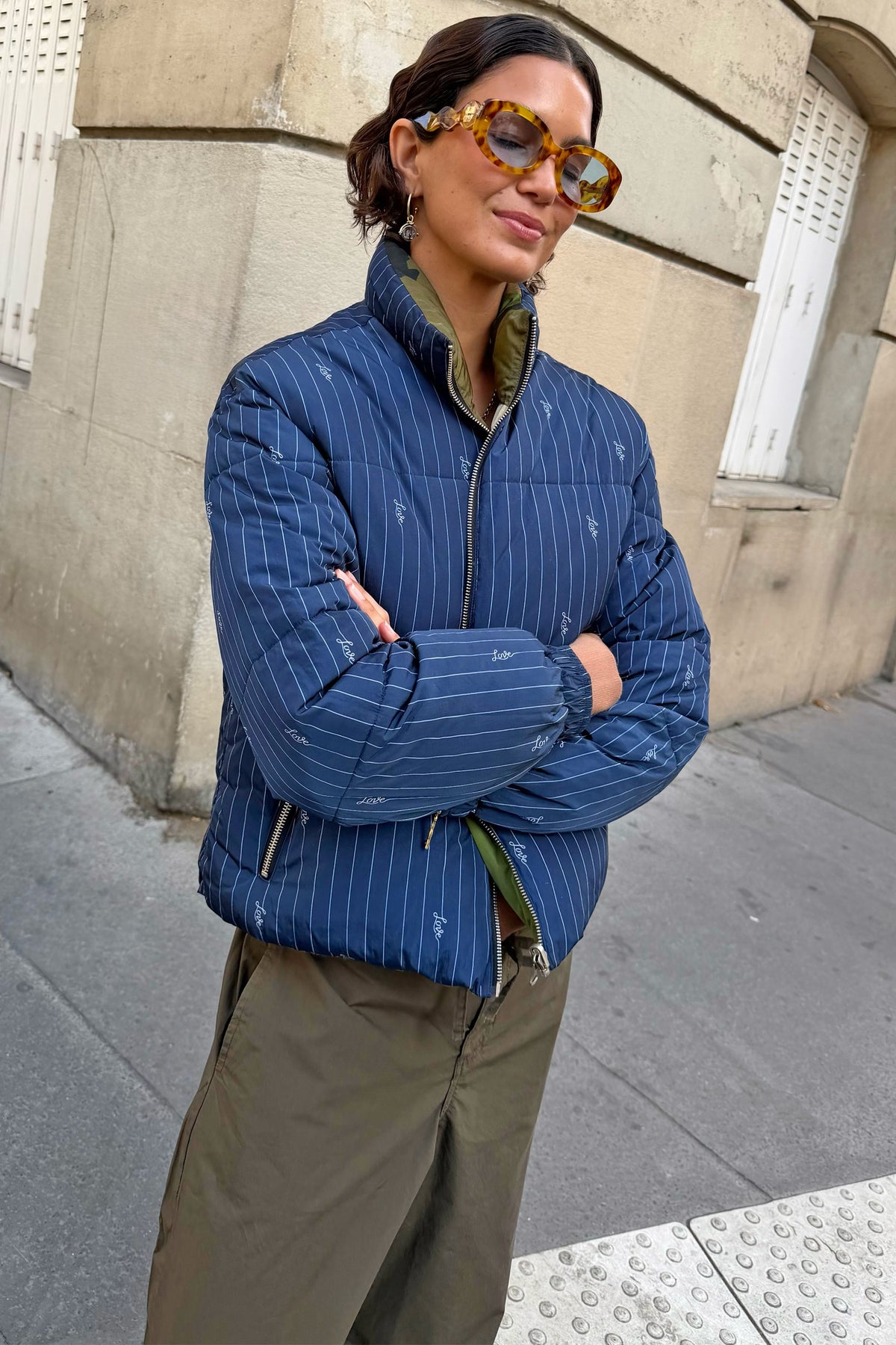 Never Fully Dressed Signature - Navy Pinstripe Reversible Funnel Neck Puffer