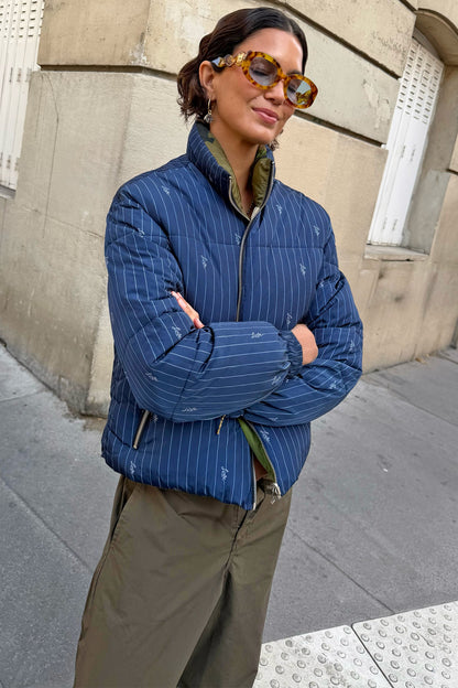 Never Fully Dressed Signature - Navy Pinstripe Reversible Funnel Neck Puffer