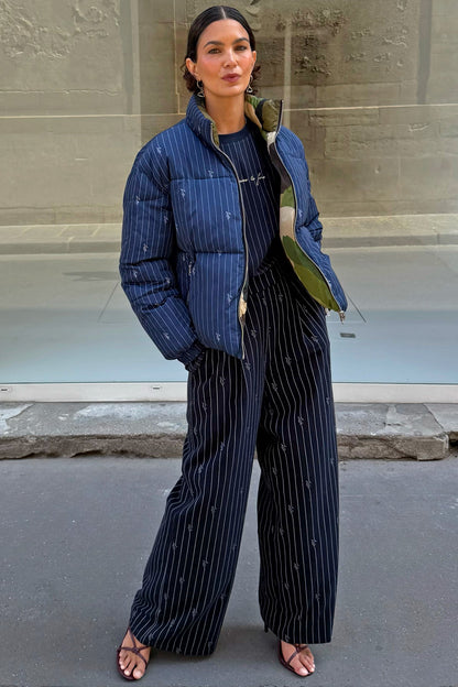 Never Fully Dressed Signature - Navy Pinstripe Reversible Funnel Neck Puffer