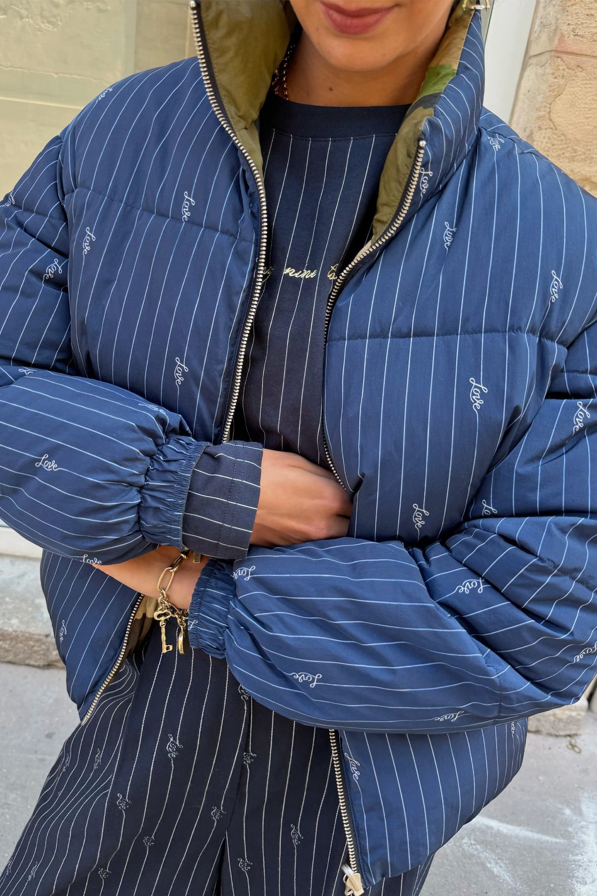 Never Fully Dressed Signature - Navy Pinstripe Reversible Funnel Neck Puffer
