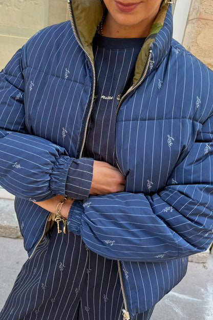 Never Fully Dressed Signature - Navy Pinstripe Reversible Funnel Neck Puffer