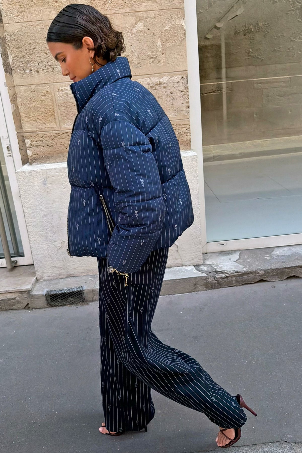 Never Fully Dressed Signature - Navy Pinstripe Reversible Funnel Neck Puffer