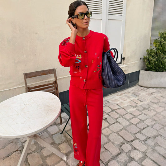 Never Fully Dressed Essential - Red Amore Wide Leg Knit Joggers