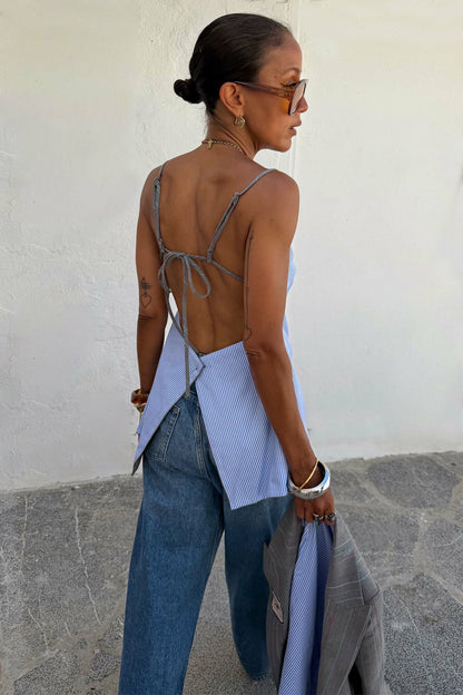 Never Fully Dressed Trending - Grey Love Pinstripe Reversible Backless Top