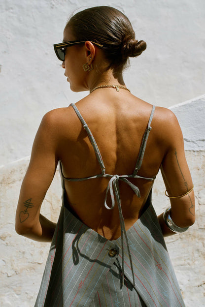 Never Fully Dressed Trending - Grey Love Pinstripe Reversible Backless Top
