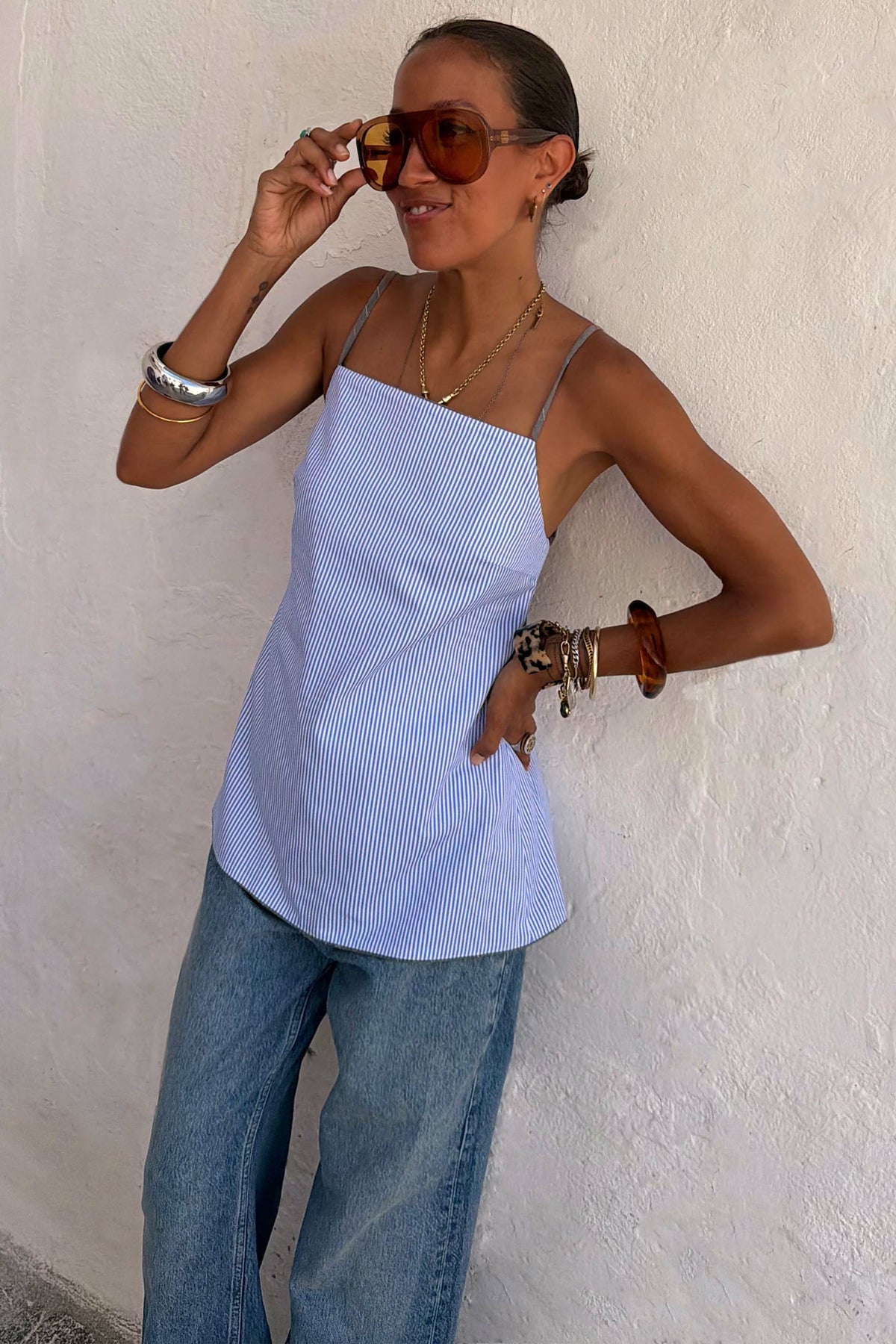 Never Fully Dressed Trending - Grey Love Pinstripe Reversible Backless Top