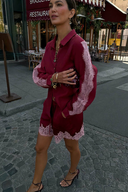 Never Fully Dressed Essential - Burgundy and Pink Lace Marley Shirt