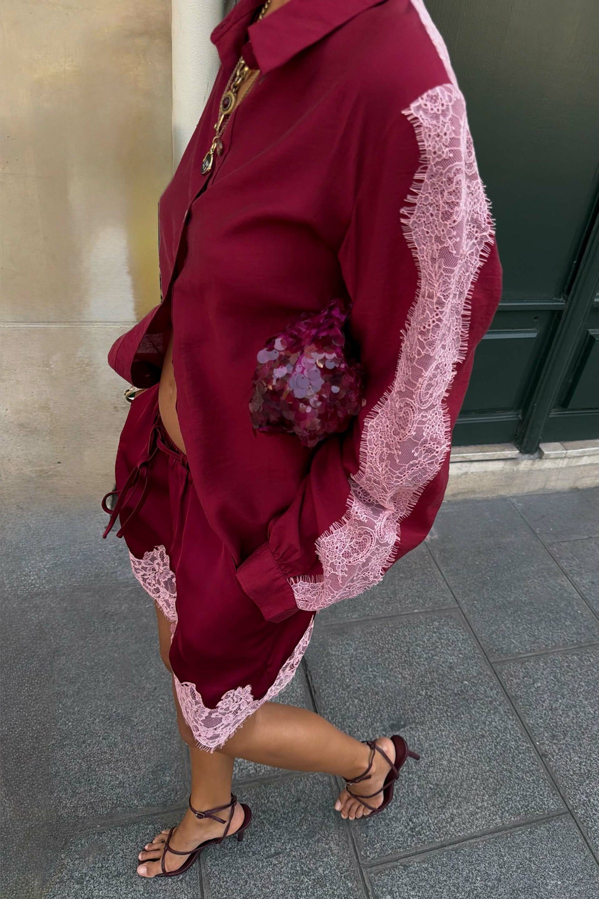 Never Fully Dressed Essential - Burgundy and Pink Lace Marley Shirt