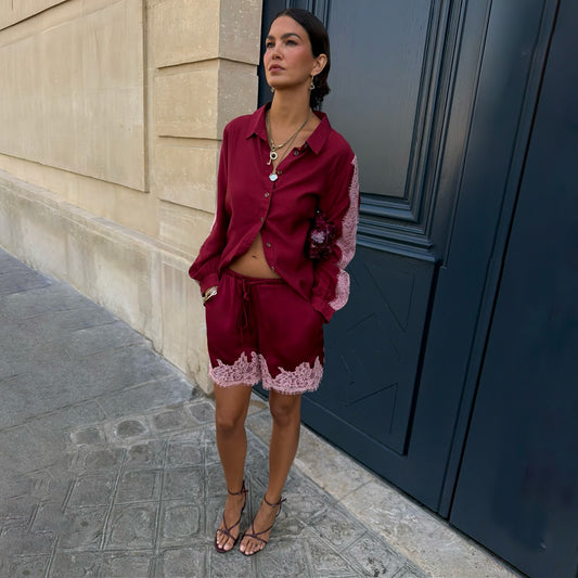 Never Fully Dressed New - Burgundy and Pink Lace Maeva Shorts