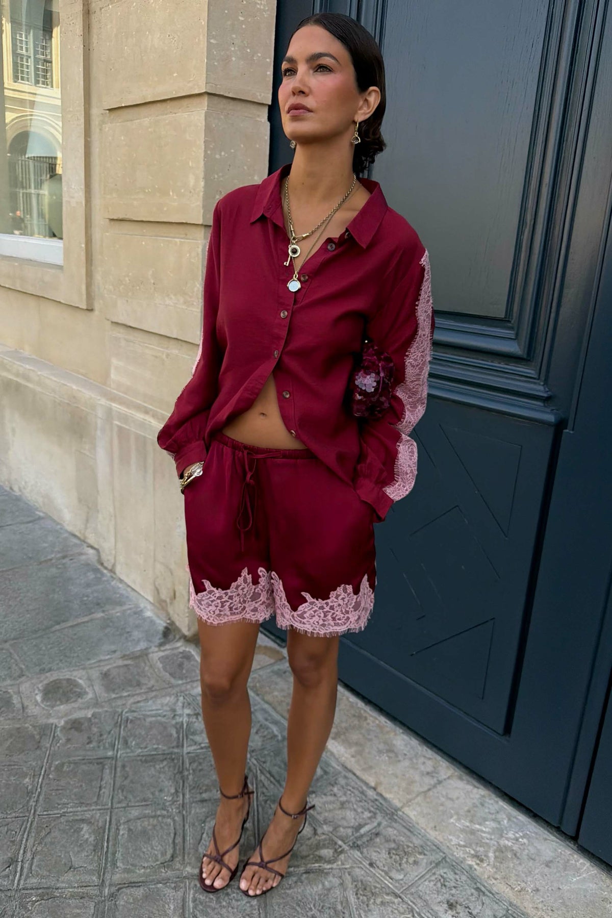 Never Fully Dressed New - Burgundy and Pink Lace Maeva Shorts