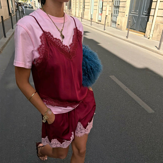 Never Fully Dressed Featured - Pink and Burgundy Overlay T-Shirt