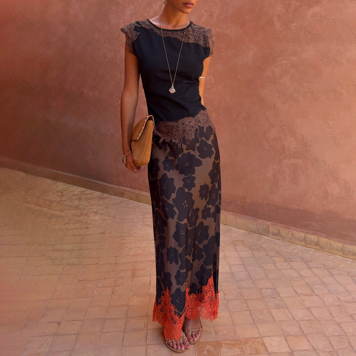 Never Fully Dressed Exclusive - Tan Jaden Floral Maeva Midi Skirt