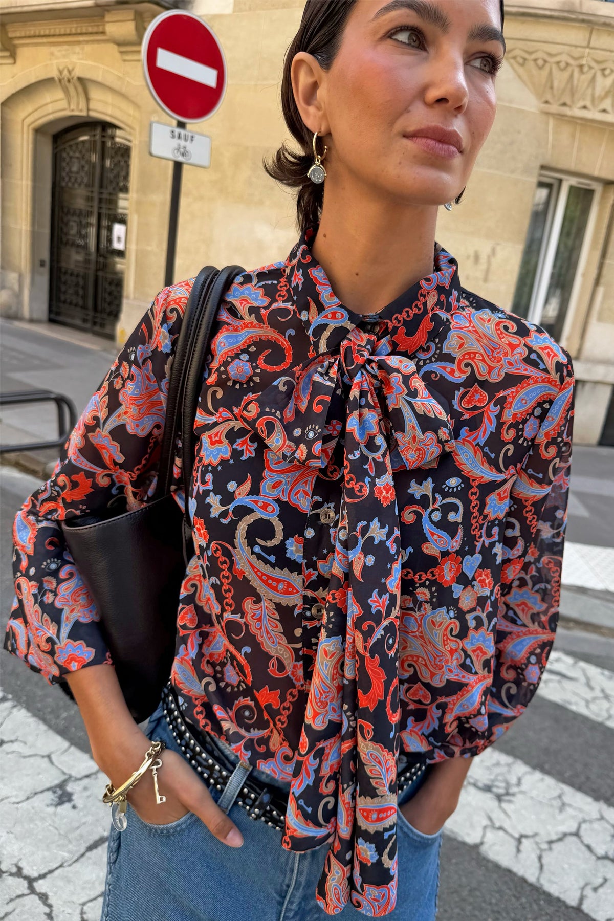 Never Fully Dressed Discount - Black Paisley Pussy Bow Shirt