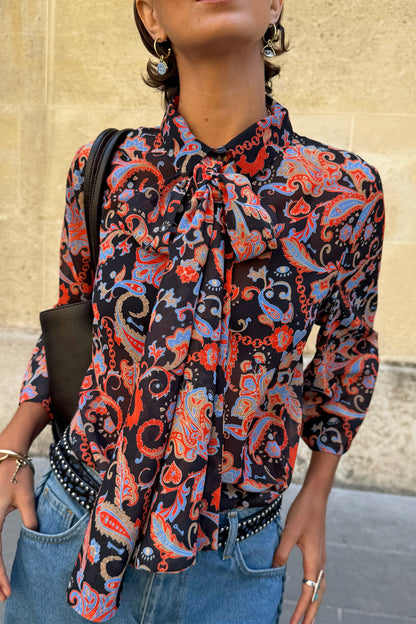 Never Fully Dressed Discount - Black Paisley Pussy Bow Shirt