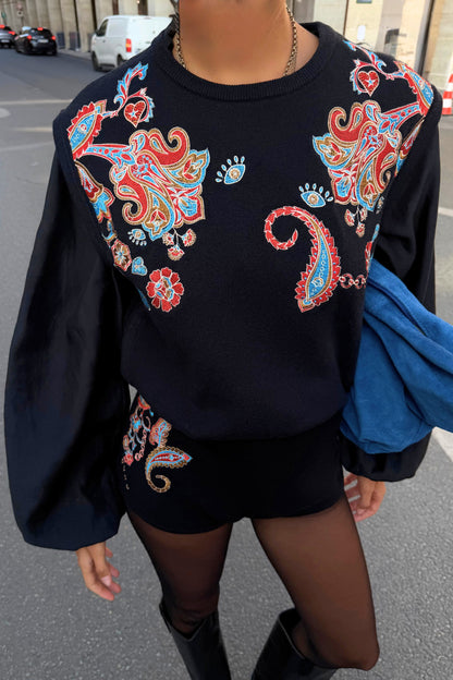 Never Fully Dressed Sale - Black Paisley Embroidered Knit Tank