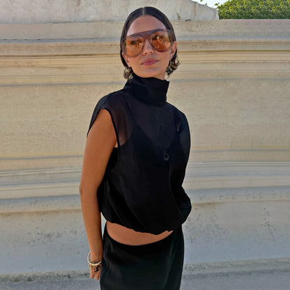 Never Fully Dressed Customer Favorite - Black Organza Funnel Neck Top