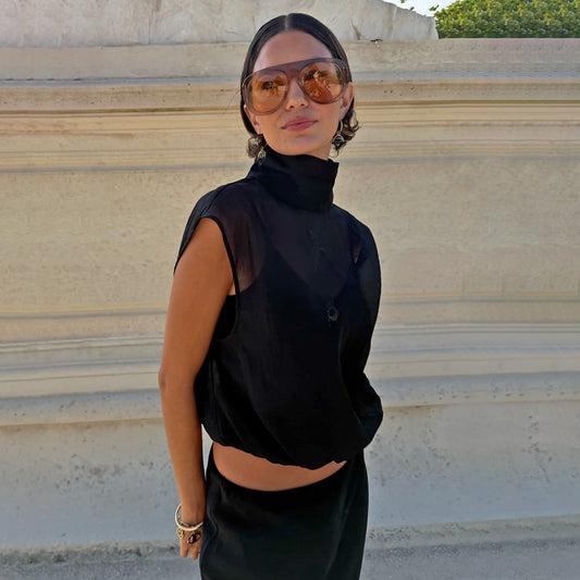 Never Fully Dressed Customer Favorite - Black Organza Funnel Neck Top