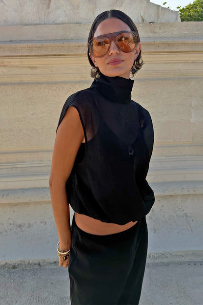 Never Fully Dressed Customer Favorite - Black Organza Funnel Neck Top