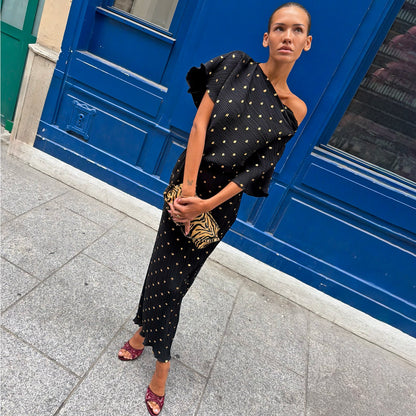 Never Fully Dressed Smart Buy - Black Tilly Gold Fleck Plissé Dress