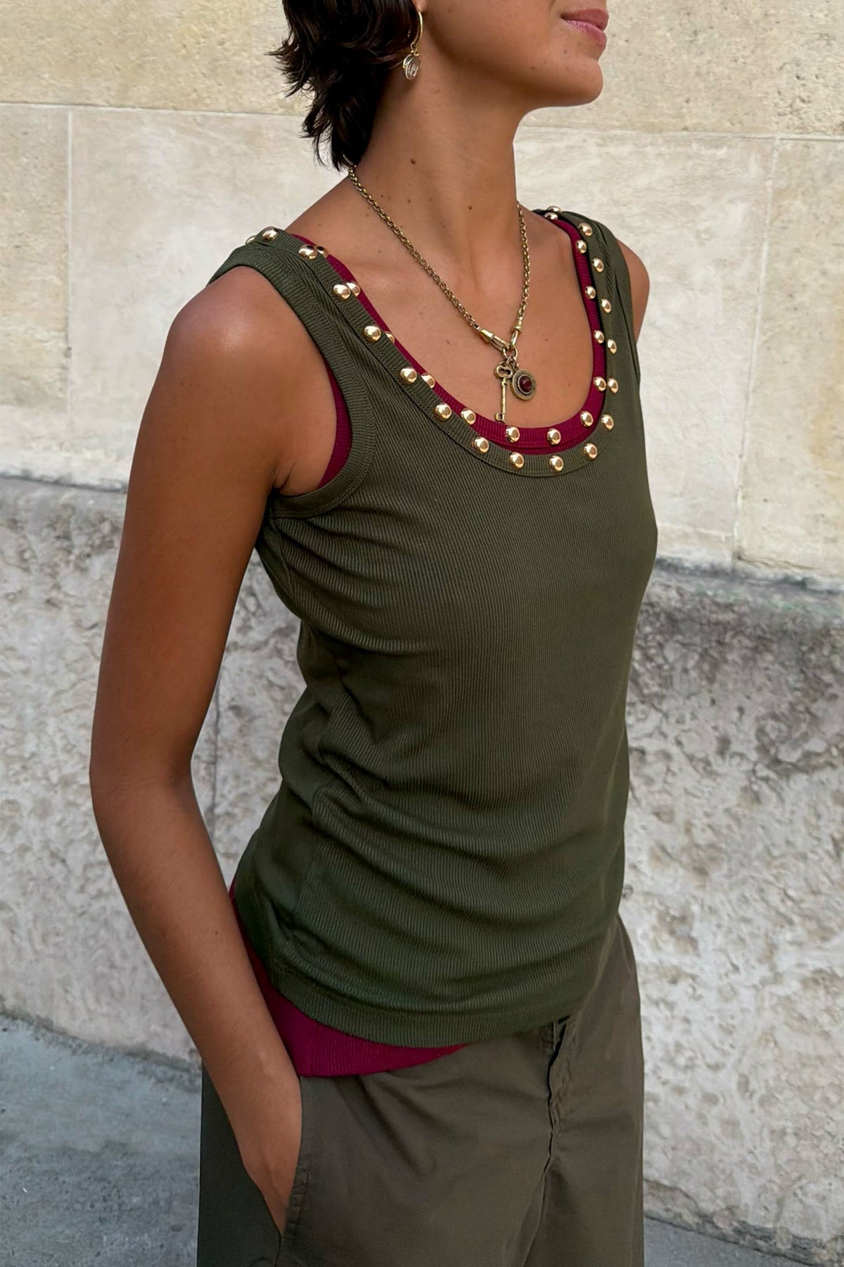 Never Fully Dressed Trusted - Khaki Studded Tank