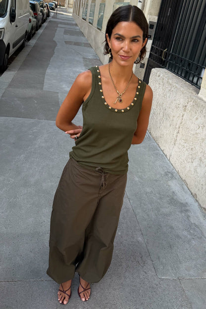 Never Fully Dressed Trusted - Khaki Studded Tank