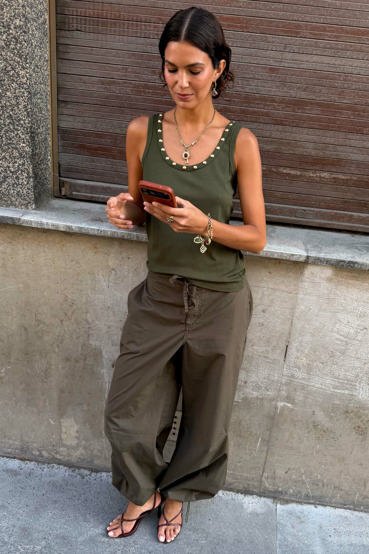 Never Fully Dressed Trusted - Khaki Studded Tank