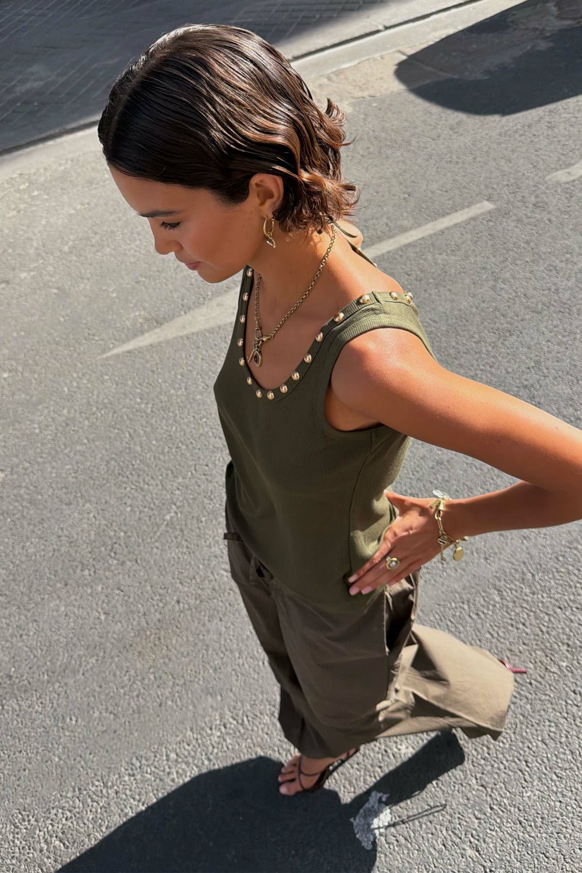 Never Fully Dressed Trusted - Khaki Studded Tank