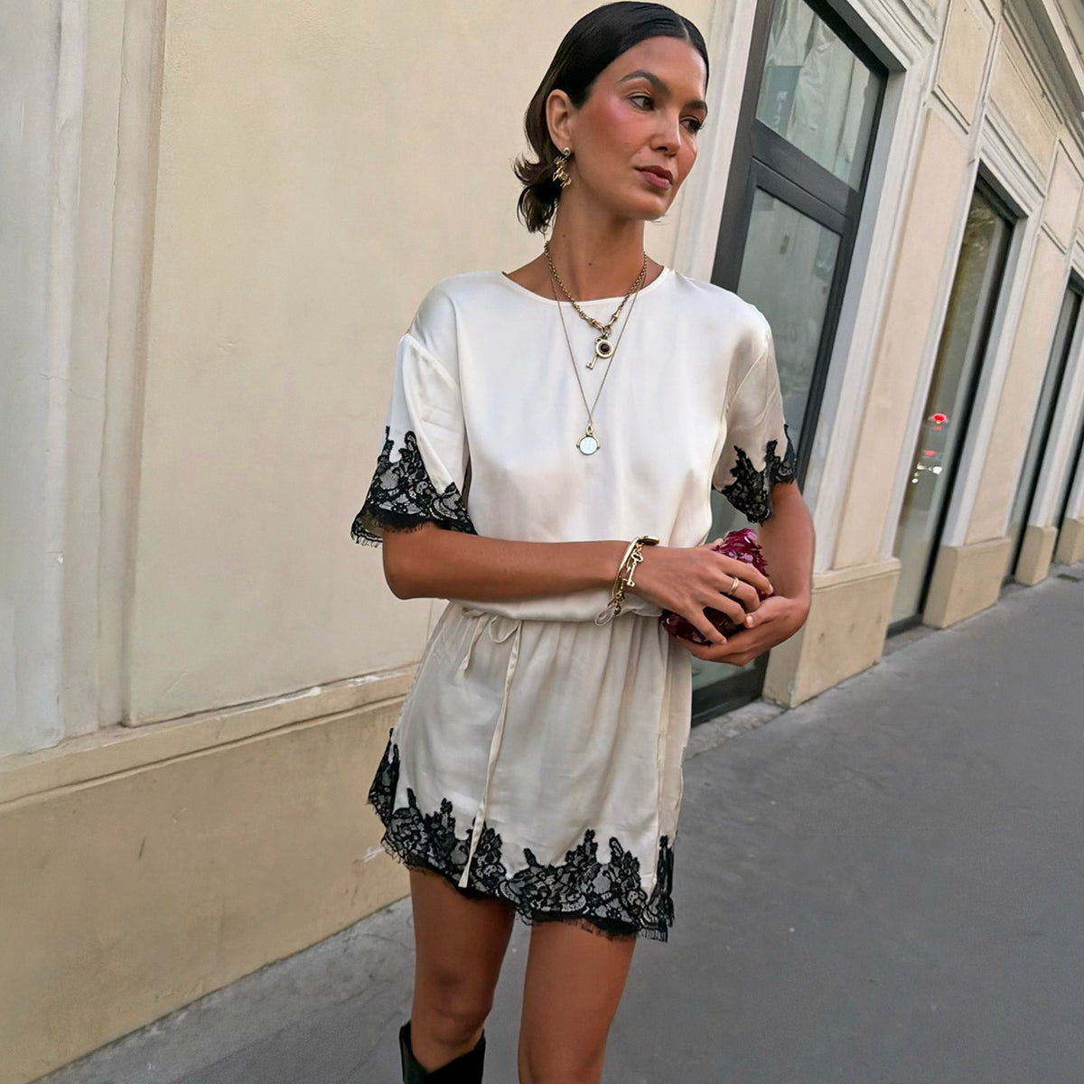 Never Fully Dressed Exclusive - Cream and Black Lace T-Shirt Dress
