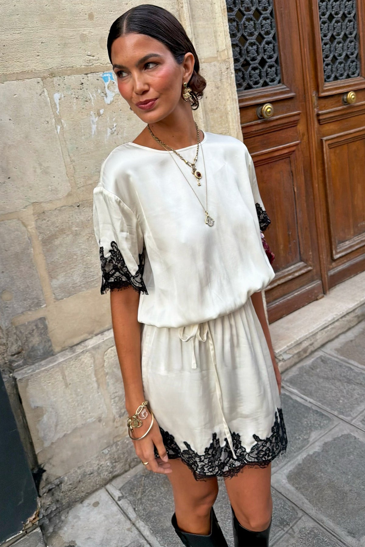 Never Fully Dressed Exclusive - Cream and Black Lace T-Shirt Dress