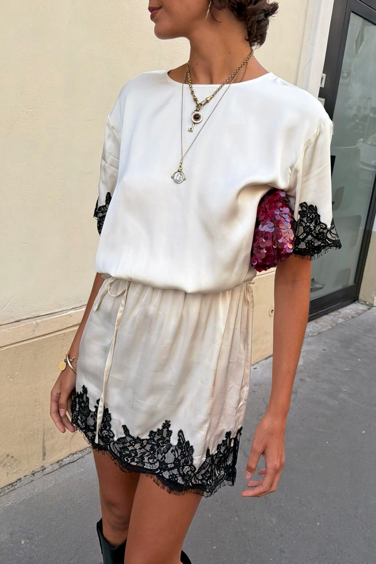 Never Fully Dressed Exclusive - Cream and Black Lace T-Shirt Dress