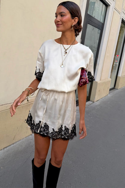 Never Fully Dressed Exclusive - Cream and Black Lace T-Shirt Dress
