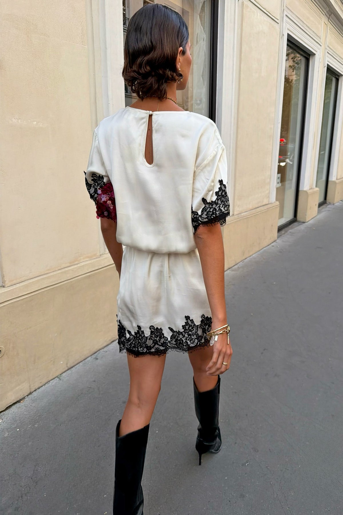 Never Fully Dressed Exclusive - Cream and Black Lace T-Shirt Dress