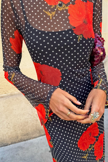 Never Fully Dressed Hot Sale - Black Poppy Spot Aria Mesh Dress
