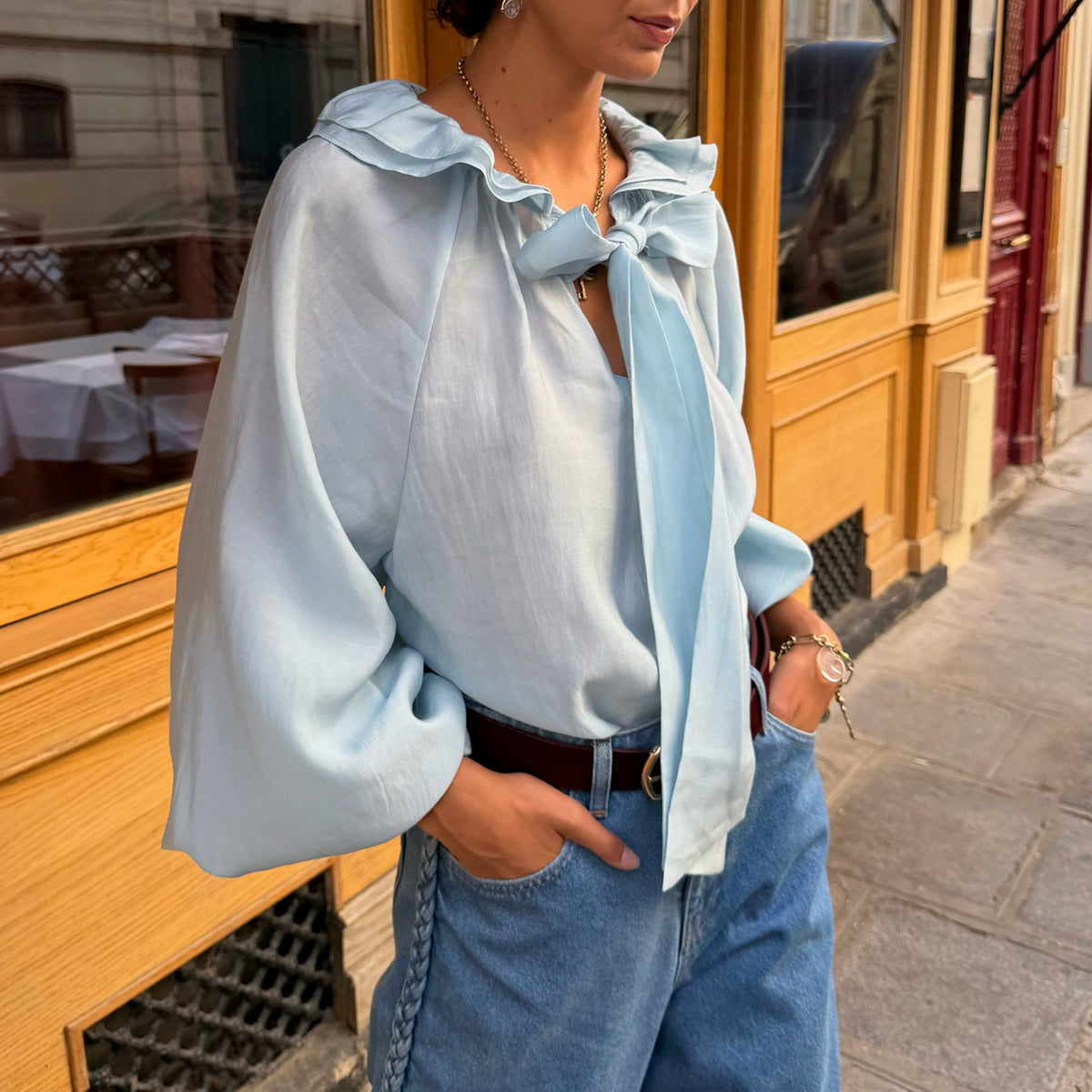 Never Fully Dressed Signature - Ice Blue Ruffle Shirt